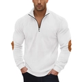 Detail of white corduroy sweatshirt with metal zip collar and brown elbow patches - S / Tops / White