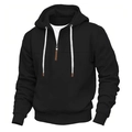 Klassieke zwarte herenhoodie met halve rits, witte trekkoorden en stijlvolle leren accenten - S / Zwart