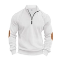 Detailed view of white corduroy sweatshirt with brown elbow patches and metal quarter zipper - White
