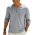 Men's grey long sleeve Henley shirt with chest pocket and elastic knit fabric - Light Gray