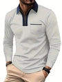 Slim fit men long sleeve polo shirt in light grey with navy blue contrast collar - S / Light Gray