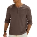 Men's retro brown Henley long sleeve t-shirt with classic three-button placket and pocket - Brown