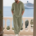 Men's linen casual two-piece suit with hooded Henley shirt and trousers in olive green - Army Green