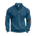 Detail of blue-grey corduroy sweatshirt featuring brown elbow patches and half-zip collar - Denim Blue