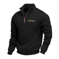 Detail of men's quarter-zip fleece hoodie with brown leather chest patch and ribbed cuffs - S / Tops / Black