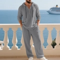 Completo casual da uomo in lino grigio con camicia Henley con cappuccio e pantaloni ampi - Taglia S / Top E Pantaloni / Grigio