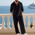 Men's relaxed black linen 2-piece set with long sleeve hooded shirt and straight pants - Black
