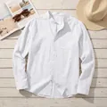 Men's white linen shirt with stand collar and long sleeves for casual beach wear - S / White