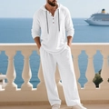 Set uomo in lino bianco con camicia Henley con cappuccio e pantaloni larghi abbinati - Taglia S / Top E Pantaloni / Bianco