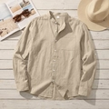 Men's casual linen stand collar shirt in beige featuring a chest pocket and rolled cuffs - S / Khaki