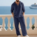 Men's navy blue linen casual two-piece set with long sleeve hooded shirt and matching pants - Navy Blue