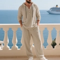 Completo casual da uomo in lino beige con camicia Henley con cappuccio e pantaloni - Taglia S / Top E Pantaloni / Kaki