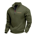 Detailed macro view of olive green fleece sweatshirt with zip collar and leather patch - Army Green