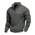 Detailed close-up of heavy fleece sweatshirt half-zip collar with brown leather trim accent - Iron Grey