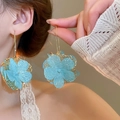 Boucles d'oreilles fleurs en tissu bleu frais pour vacances d'été - Grande Fleur en Gaze Bleu Crochet d'Or (44# Tige de boucle d'oreille en argent - Bleu Clair)