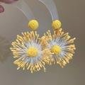 Vibrant yellow woven flower drop earrings for a bohemian and elegant summer style. - Raffia Woven Sunflower Style (7# Silver Earring Post - Yellow)