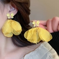 Close-up detail of yellow butterfly drop earrings with delicate layered mesh petals. - Butterfly Tulle Layered Petal Style (6# Silver Earring Post - Yellow)