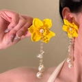 Close-up of elegant yellow flower earrings with long pearl and crystal tassels - 15# Silver Earring Post - Yellow Pearl Long Tassel