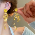 Detailed view of elegant yellow flower beaded drop earrings with delicate crystal accents. - 8# Silver Pin - Yellow