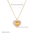 Detail view of vintage pink enamel heart pendant necklace with gold accents and size info - Double Heart Style (N4217)