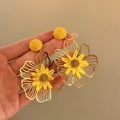 Elegant large yellow flower statement earrings with intricate woven details and golden wire - Style 12 (Silver Pin-Gold)