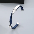Zilveren titanium stalen herenarmband met blauw gevlochten lederen inleg - Staal Blauw Leer
