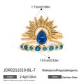 Gold plated stainless steel stackable ring set with crown sunburst and teardrop blue stone - Teardrop Blue Zircon Stacking Ring Set (JDR0211019-BL-7)