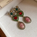 Macro detail of vintage heart earrings with cameo drop and red crystal - 6# Vintage 3-Section Drop Earrings with Silver Earring Post
