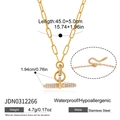 Detailed view of gold stainless steel T-bar necklace with crystal pendant and size specifications. - Gold Paperclip Chain Pave Rhinestone T-Bar Necklace (JDN0312266)
