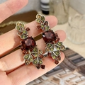 Vintage style earrings with maroon cushion-cut crystal and colorful rhinestone leaves - Stud Earrings (Silver Post) (Gold-Red)
