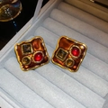 Vintage style reddish brown enamel stud earrings with inlaid crystals and gold trim - Irregular Square Enamel Diamond Style (9#)