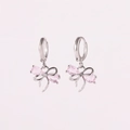 Elegant silver-toned huggie hoop earrings with pink zircon bow pendant for women - Silver Pink Zirconia