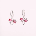 Elegant sparkling silver bow hoop earrings with pear-cut pink zircons for women - Platinum Plated Rose Red Zirconia