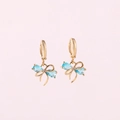 Elegant gold-plated huggie hoop earrings with blue zircon bow dangle, chic and trendy style. - Gold Plated Blue Zirconia