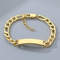 Minimalist gold-plated Figaro chain bracelet with an engravable curved ID plate for daily wear - Smooth Bar Bracelet / Gold