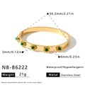 Detail view of gold stainless steel bangle with green flower charms and dimensions - Five Flower Green Stone Style (NB-B6222)