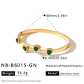 Stainless steel gold bangle with green heart stones and size specifications - Four Heart Green Stone Style (NB-B6015-GN)