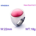 Markanter breiter Edelstahlring mit einem großen glatten runden rosa Steineinsatz - Edelstahl Breitband (KR48308-K)