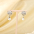 Silver shell-shaped stainless steel earrings with elegant white pearl drop charms - Pearl Style (KE122917-KFC) / Steel