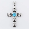 Retro distressed titanium steel cross pendant with inlaid blue turquoise for men - Feather Texture Turquoise Style (KP119891-MI) / Pendant Only