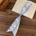 Gros plan d'un élégant foulard en soie à fleurs avec une boucle en nœud argenté - Floral Bleu Blanc (Collier)