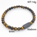 Tijgeroog kralenarmband voor heren met zwarte rechthoekige staaf en 6 mm stenen - Tijgeroog + Zwart (KB212069-Z)