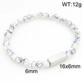 Men's white turquoise beaded bracelet with 6mm stones and rectangular metal plate detail. - White Turquoise + Steel Color (KB212080-Z)
