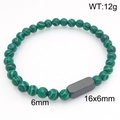 Minimalist green malachite beaded bracelet for men with a matte black rectangular charm - Green Peacock + Black (KB212075-Z)