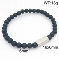 Men's minimalist black lava stone beaded bracelet with silver rectangular plaque - Lava Stone + Steel Color (KB212078-Z)