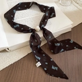 Elegant retro geometric print silk scarf necklace with marble bead buckle accessory. - Coffee Blue Lozenge