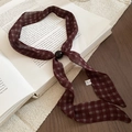 Elegant vintage red checkered silk scarf necklace featuring a stylish black bead - Dark Red