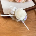 Detailed view of handmade cream rose hair clip with elegant ribbons and pearls - Duckbill Hair Clips / 1 Piece / White-Purple