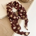 Detail of a French vintage floral chiffon neck scarf with dark red and yellow print. - Coffee Floral Print