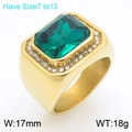 Gold hip-hop men's ring featuring a large green emerald-cut stone and crystals - Size 7 / Square Geometric Style (KR114559-MZOZ) / Gold Green